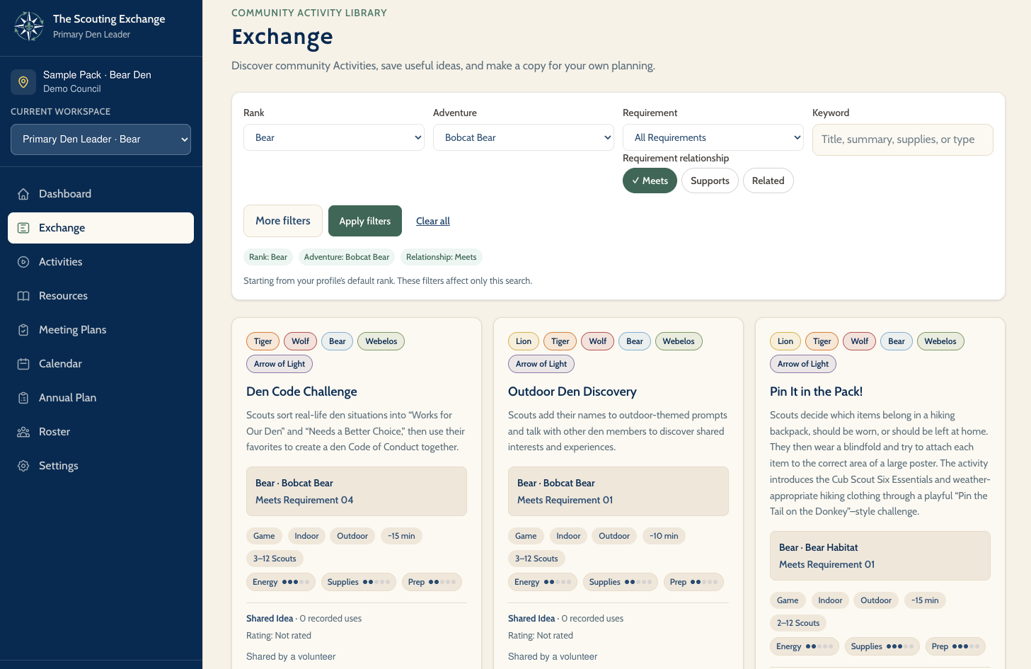 Activity Exchange showing requirement filters and practical activity cards with time, setting, supplies, and preparation details.