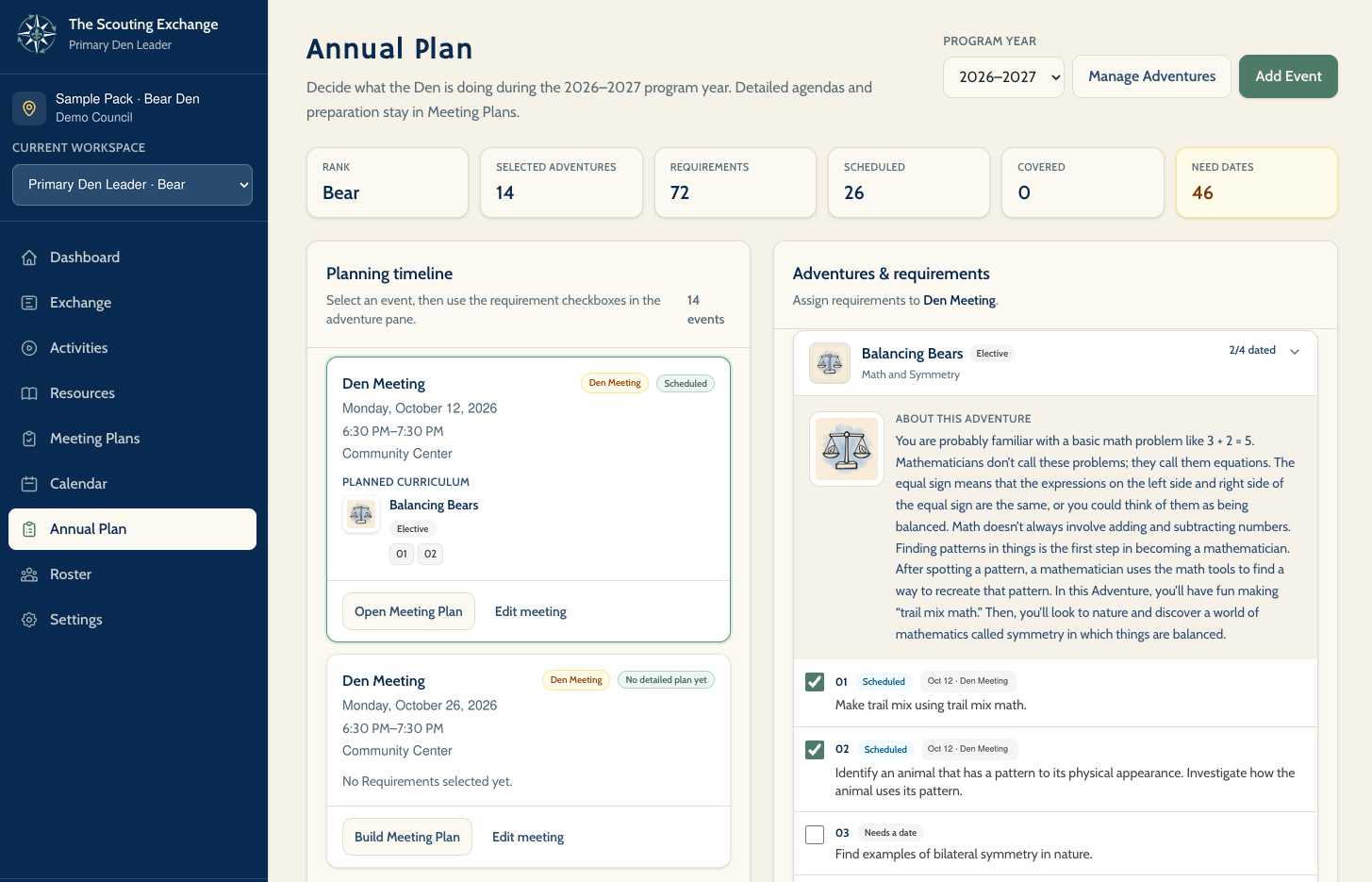 Annual Plan showing a year overview, scheduled den meetings, and Adventure requirements.
