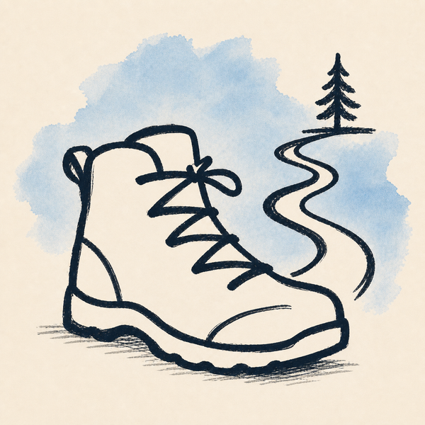 Bear Habitat artwork: a hiking boot beside a winding path and a tree, with a blue watercolor wash.