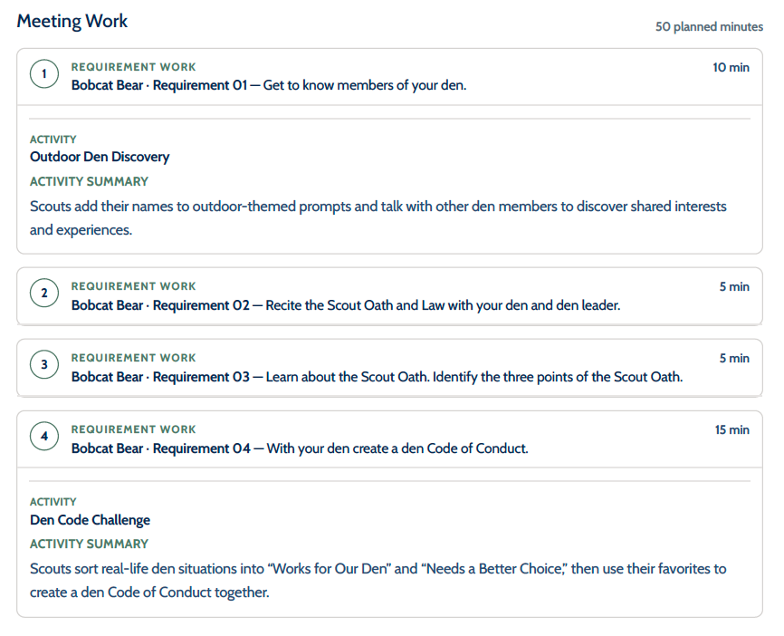 Leader Agenda preview with timed requirement work and activity summaries.