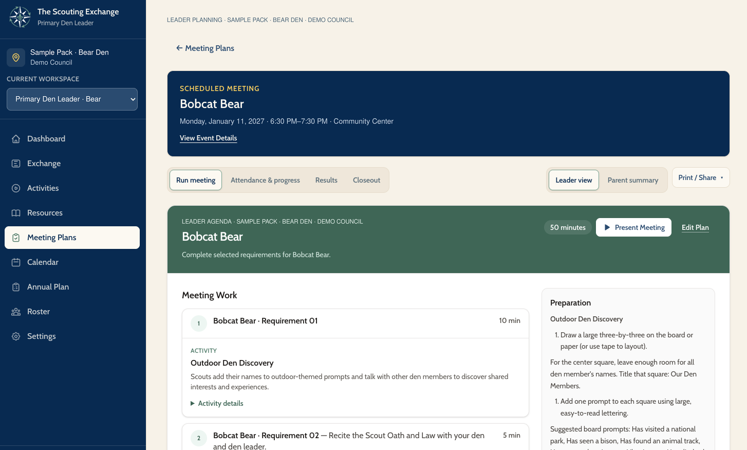 Meeting Planner showing a scheduled Bobcat Bear meeting, leader and parent views, meeting work, and preparation details.