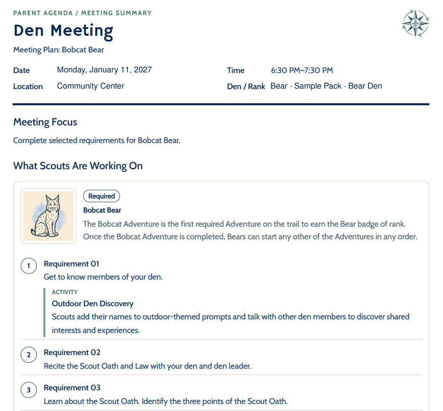 Parent Summary preview with meeting date, time, location, focus, and Scout requirements.