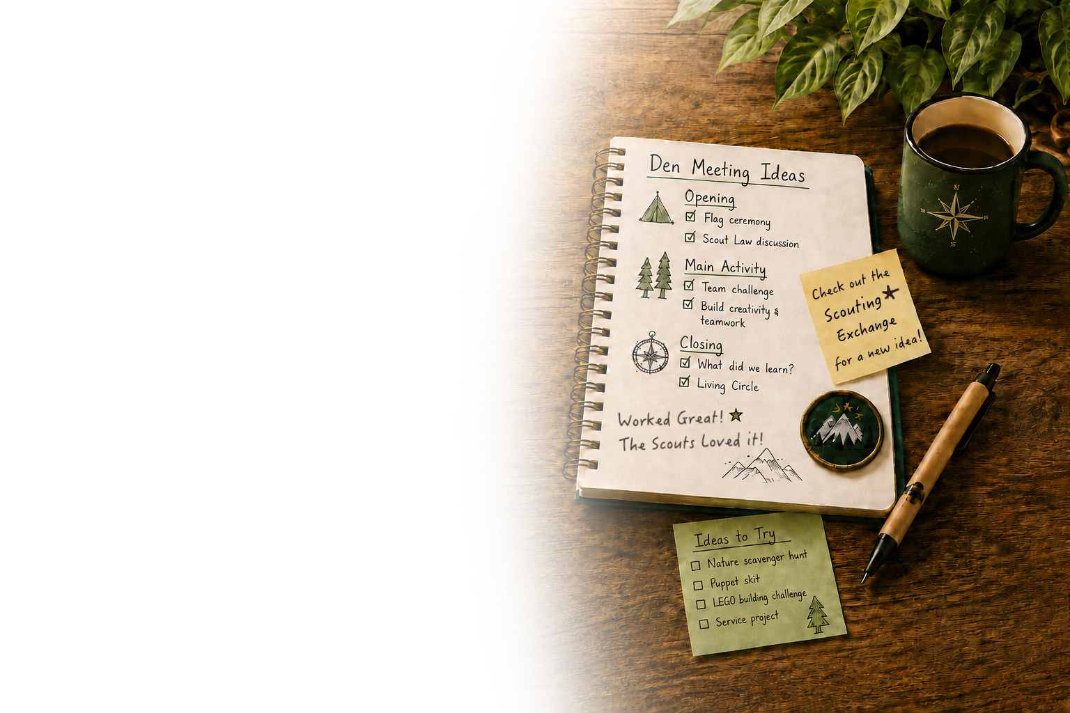 Open notebook with den meeting ideas, activity notes, and planning materials on a warm wooden desk.